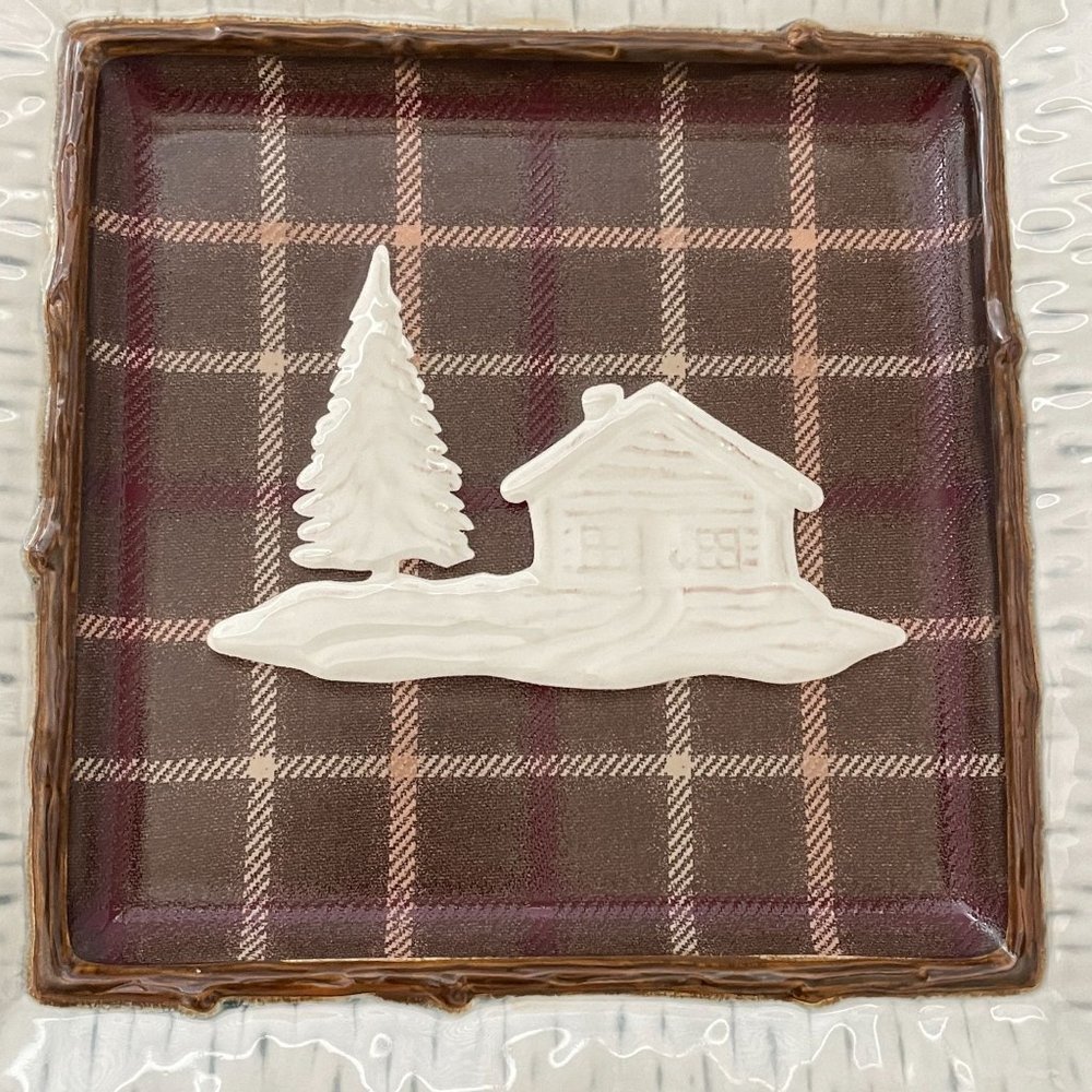 Homestudio Lake Cabin Dinner Plate Square Plaid Rustic Embossed Stoneware 11" - Picture 2 of 13